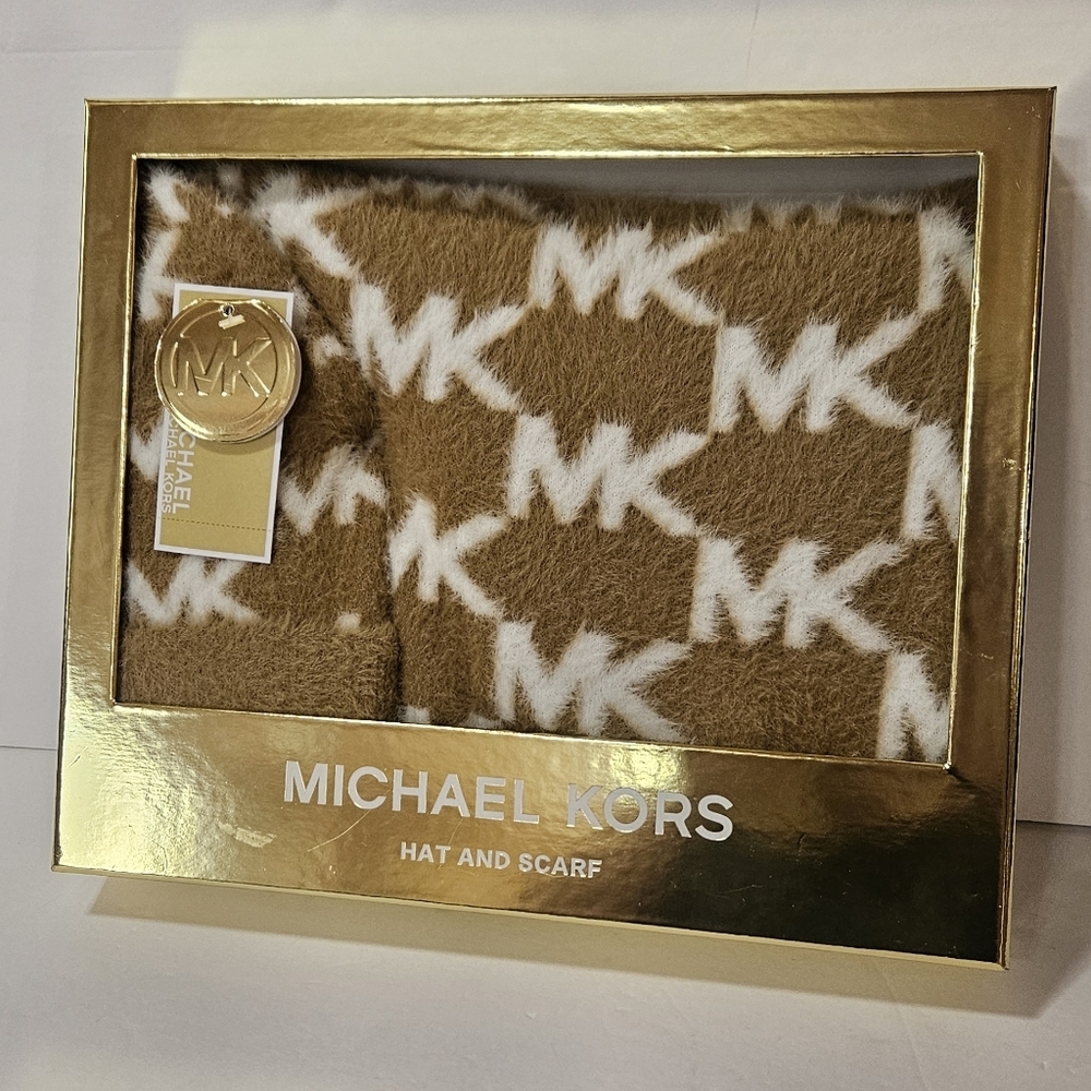 Michael Kors Tan and White Hat and Scarf Set